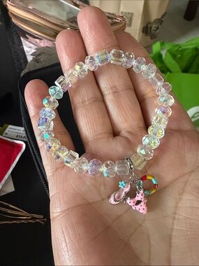 Iridescent Faceted Crystal Stretch Bracelet with Charm